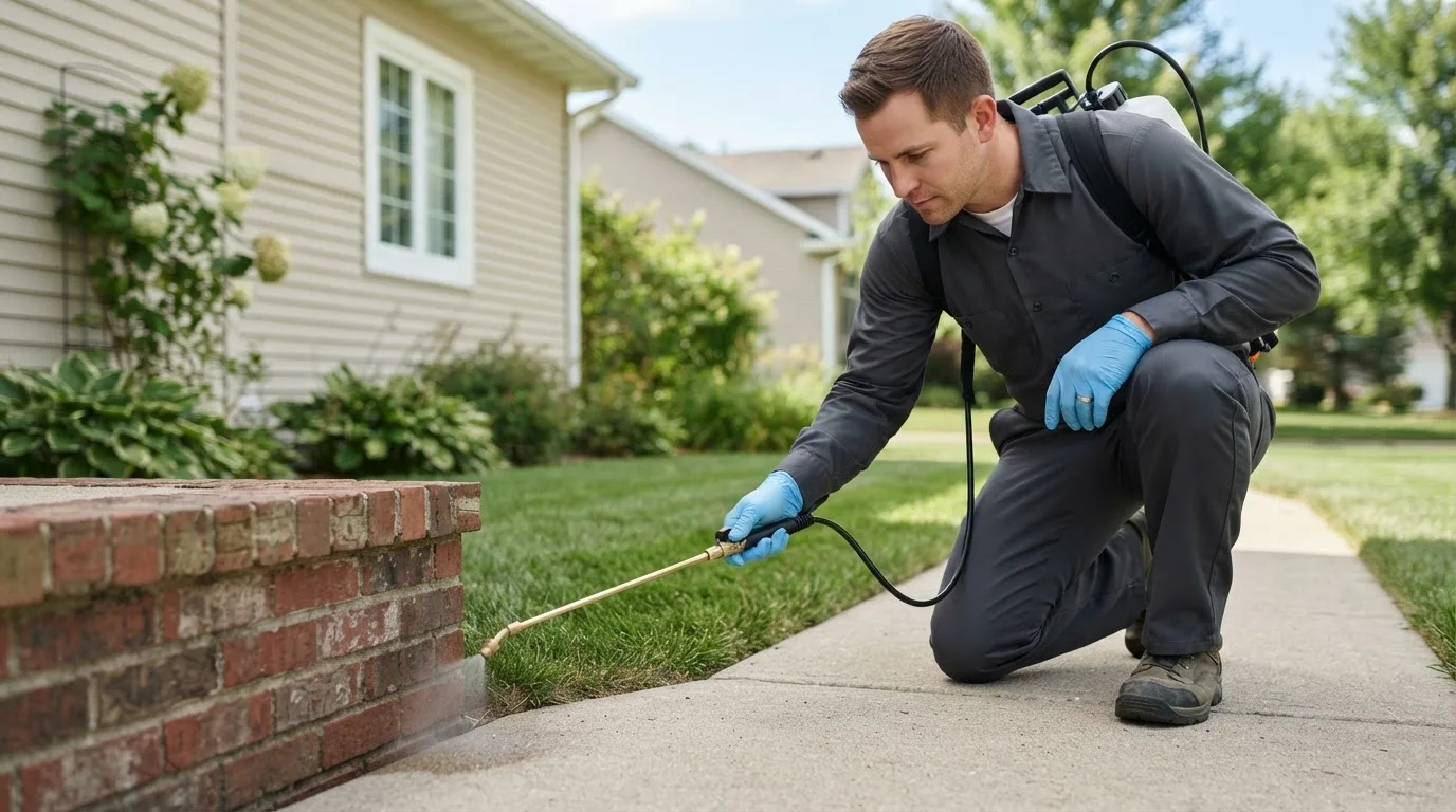 Pest control technician treating a home near Sand Lake, MI