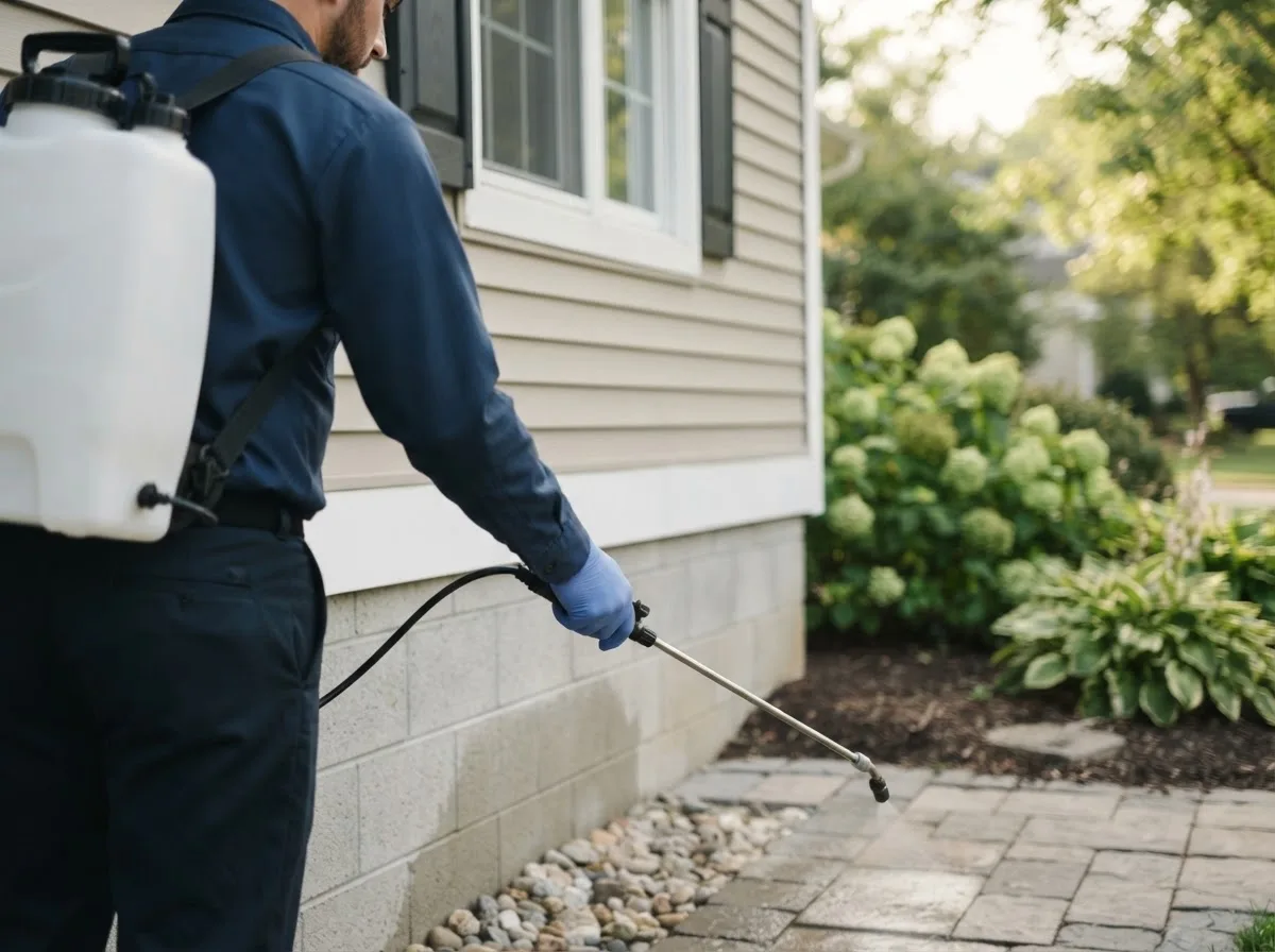 Pest control technician inspecting a home in Sand Lake, MI